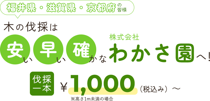 福井県・滋賀県・京都府の皆様 木の伐採は安い・早い・確かな「株式会社わかさ園」へ!